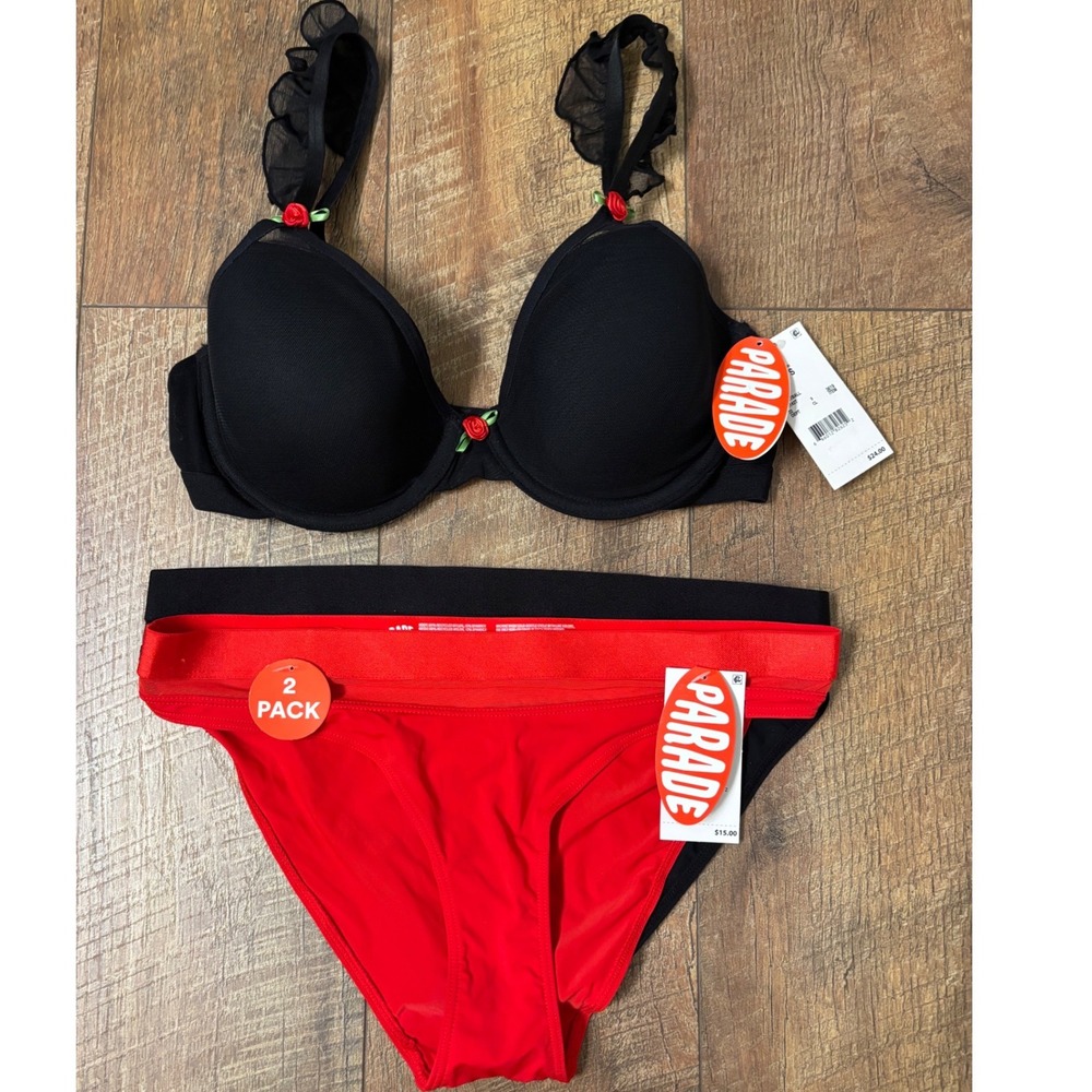 Parade S/XS Bra and Panty Set Women Black Red 3 pc set